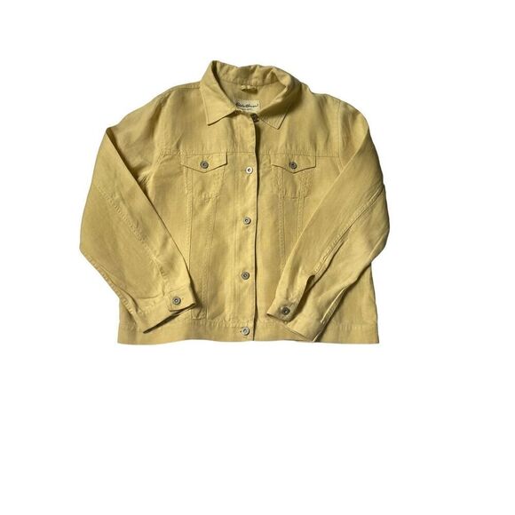 Eddie Bauer Size L Tall Lightweight Linen Yellow Button Up Shirt Jacket - Picture 7 of 11